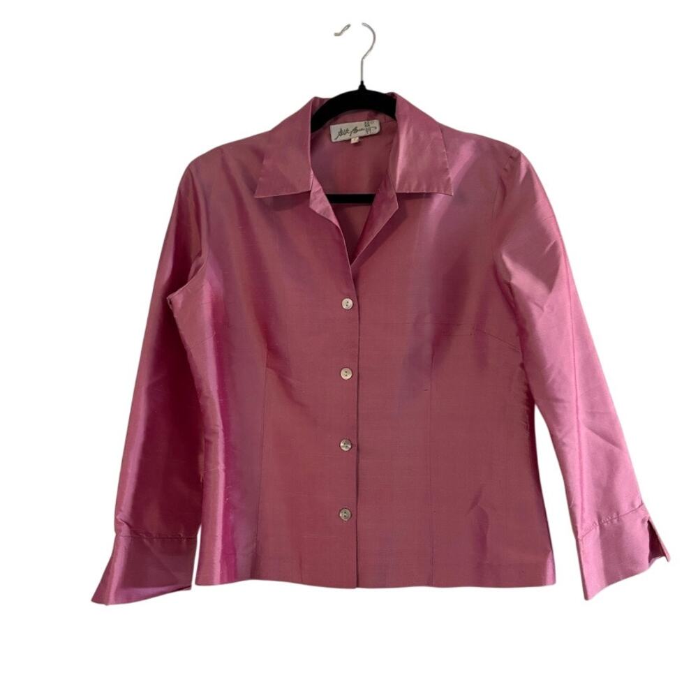 Silk Box Pink 100% Silk Button Front Blouse Size 6 Collared Top